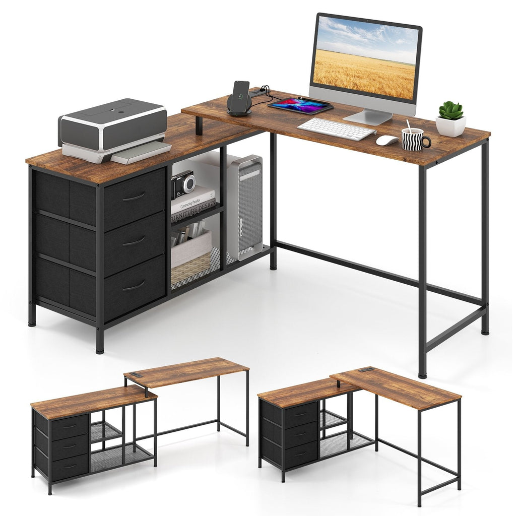 L-shaped Computer Desk with Power Outlet for Working Studying Gaming-Black