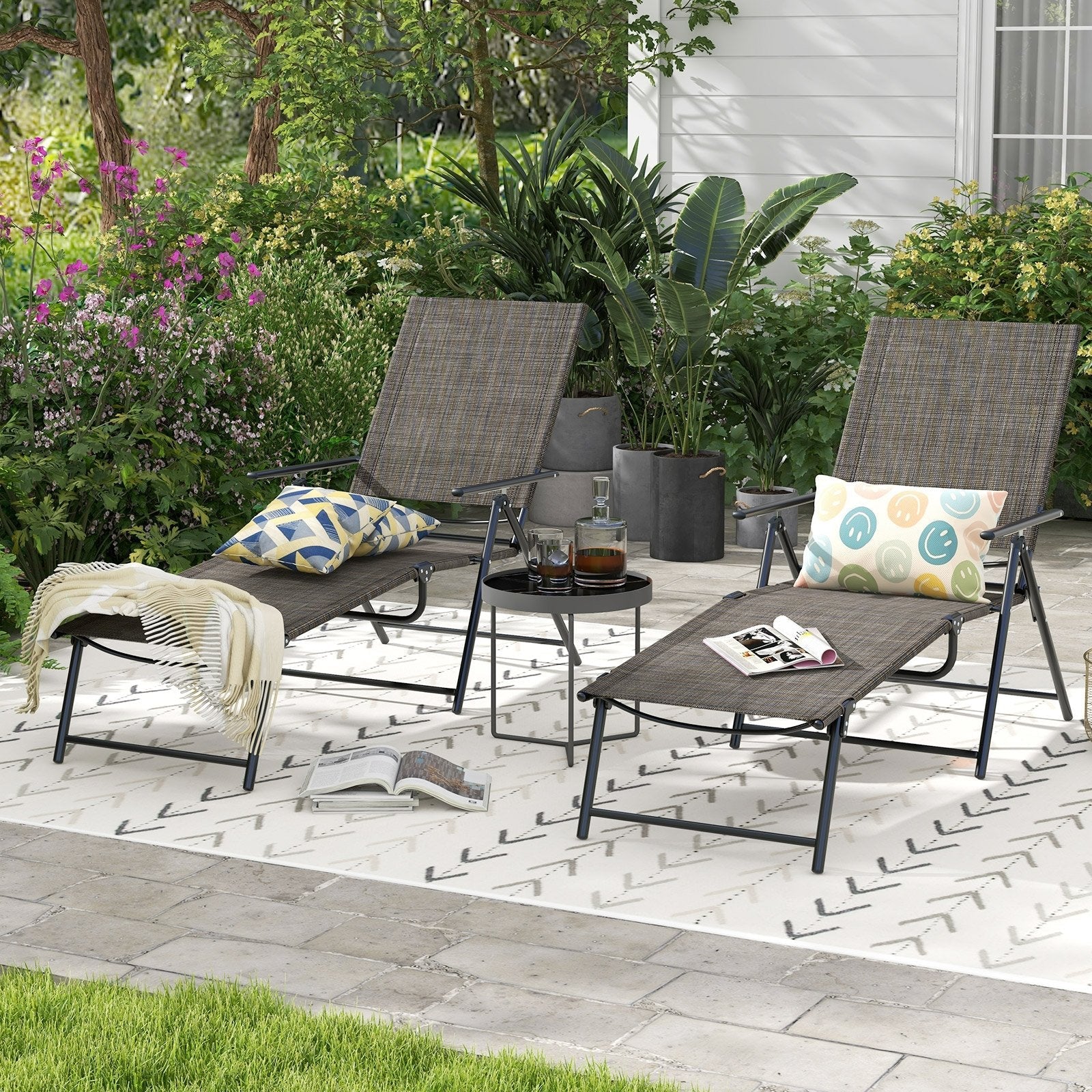 2 Piece Patio Folding Chaise Lounge Chairs Recliner with 6-Level Backrest-Black