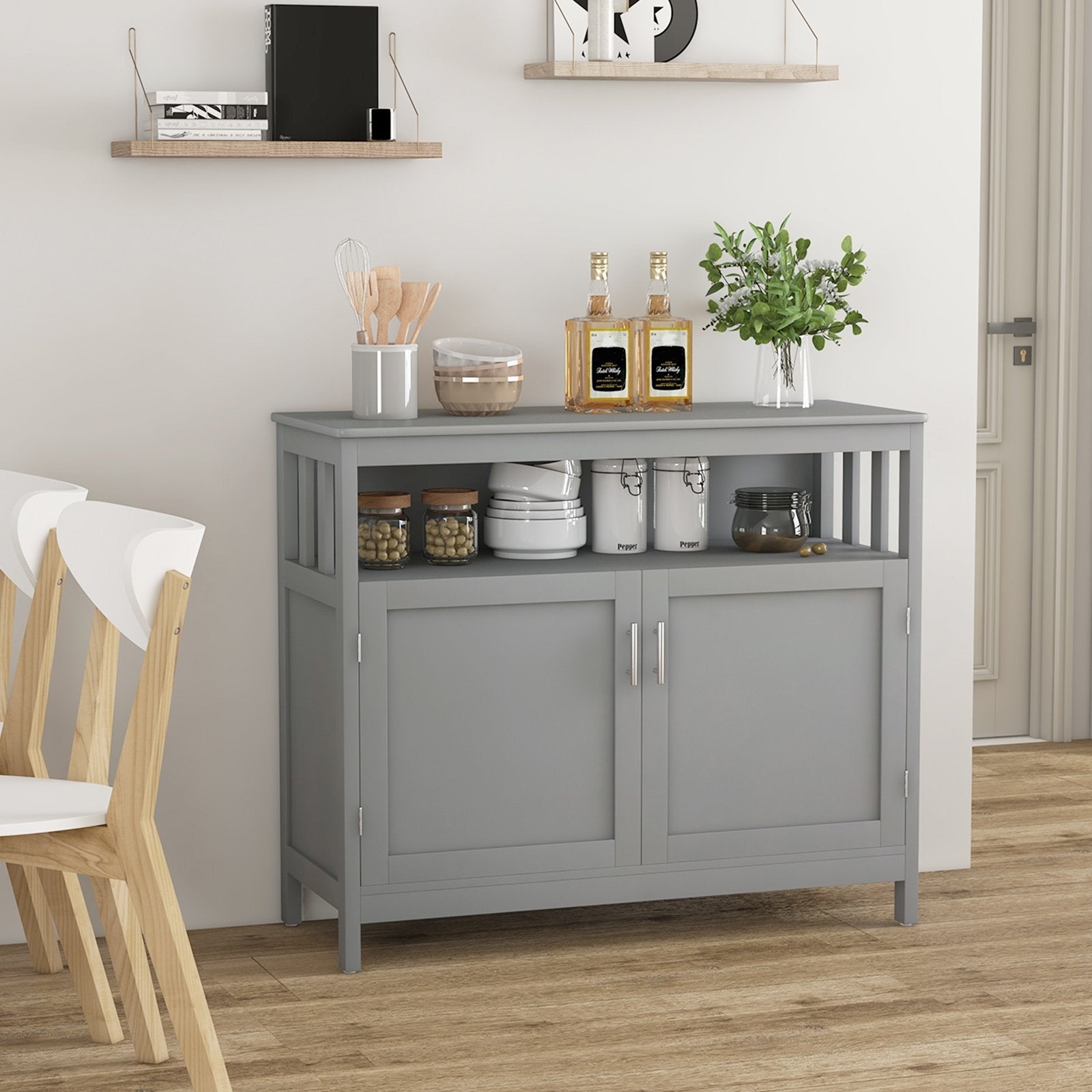 Kitchen Buffet Server Sideboard Storage Cabinet with 2 Doors and Shelf-Black