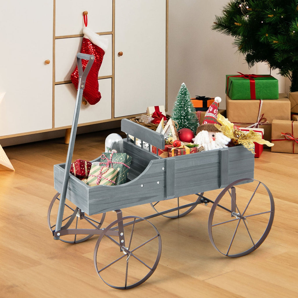 Wooden Wagon Plant Bed with Metal Wheels for Garden Yard Patio-Blue