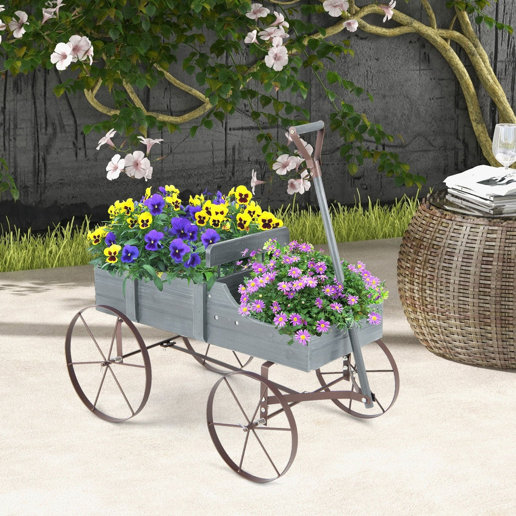 Wooden Wagon Plant Bed with Metal Wheels for Garden Yard Patio-Blue