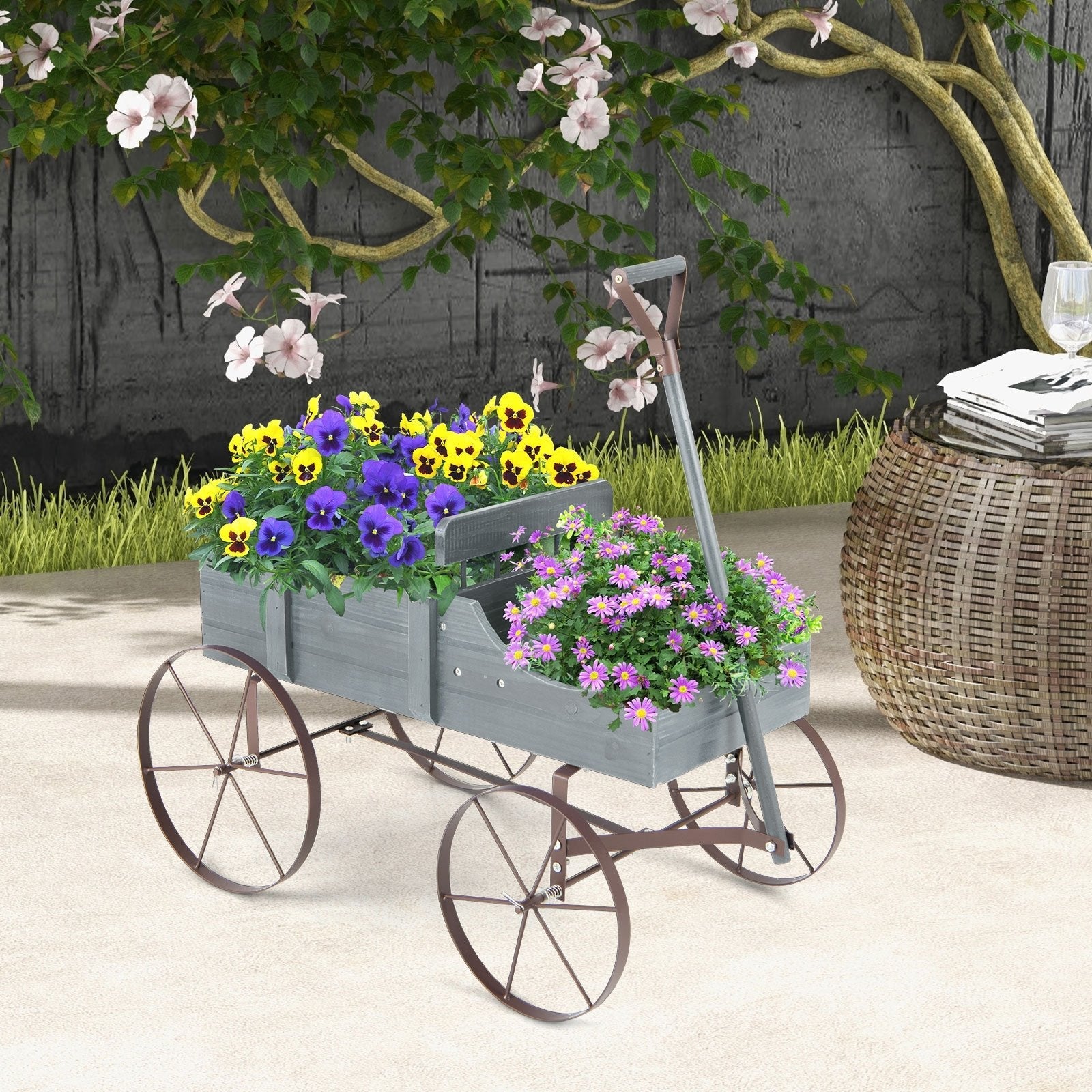 Wooden Wagon Plant Bed with Metal Wheels for Garden Yard Patio-Blue