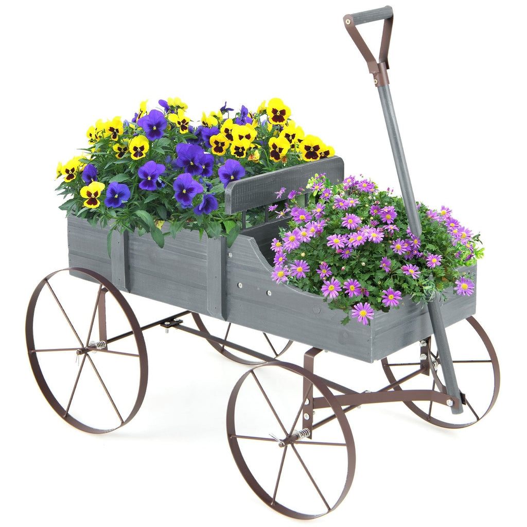 Wooden Wagon Plant Bed with Metal Wheels for Garden Yard Patio-Blue