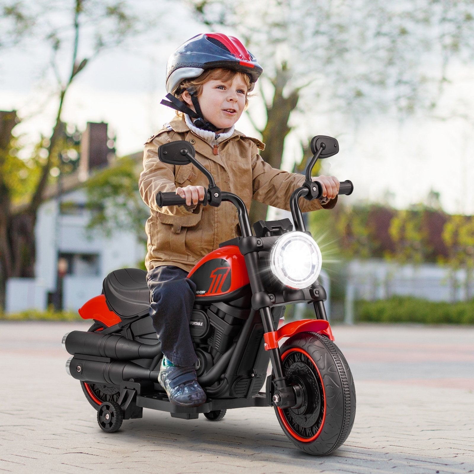 Kids Electric Motorcycle with Training Wheels and LED Headlights-Blue
