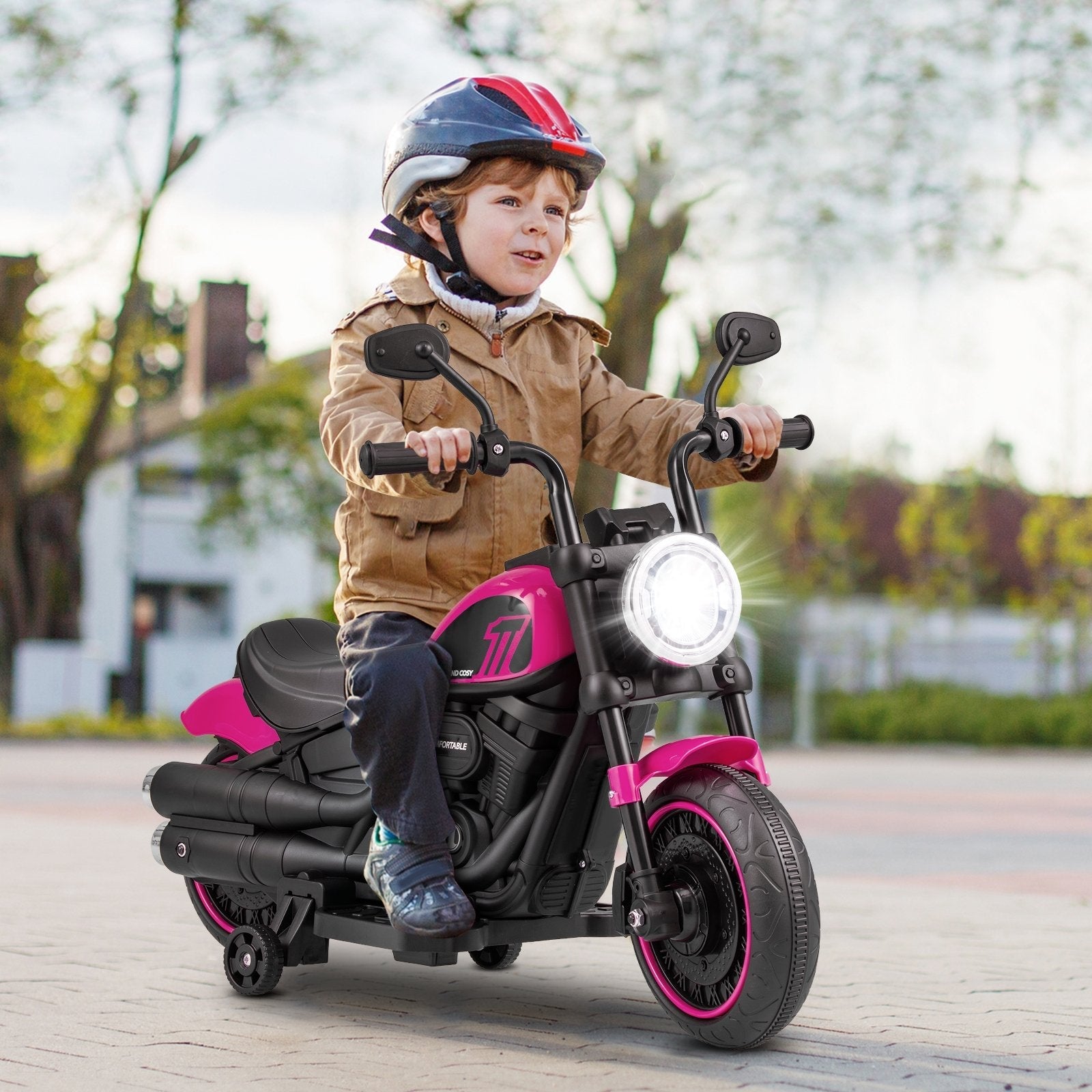 Kids Electric Motorcycle with Training Wheels and LED Headlights-Blue