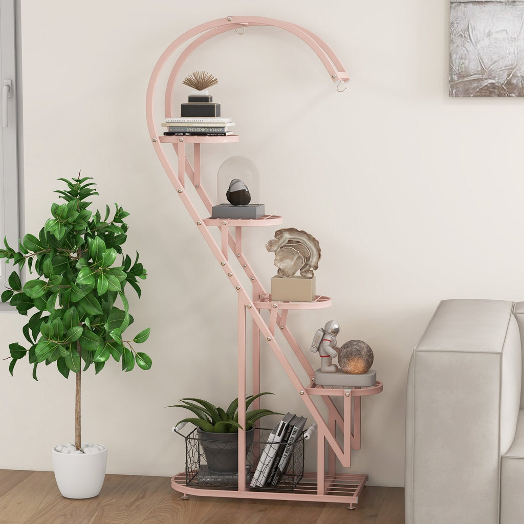 5 Tier Metal Plant Stand with Hanging Hook for Multiple Plants-Black