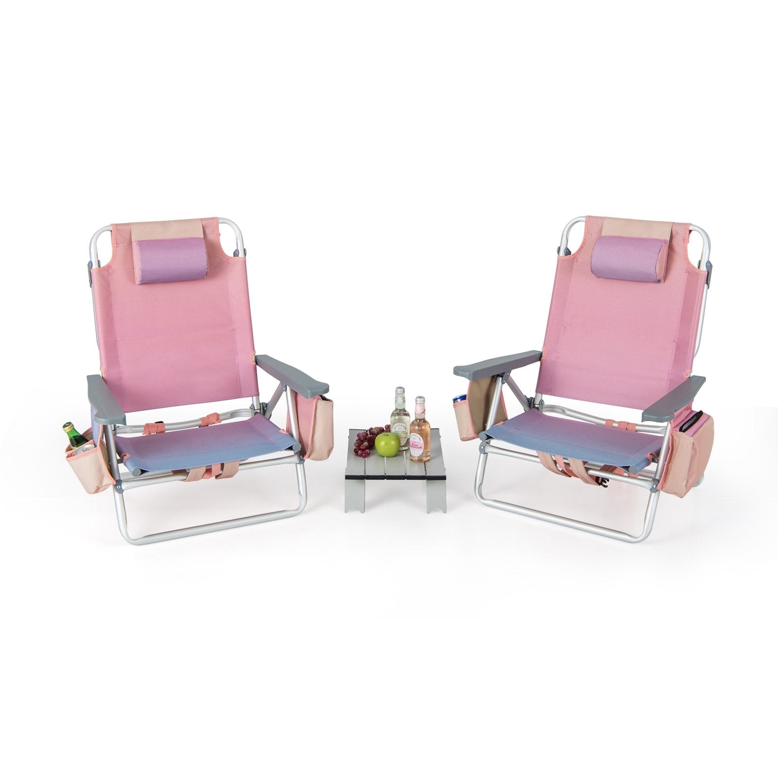 2 Packs 5-Position Outdoor Folding Backpack Beach Table Chair Reclining Chair Set-Blue