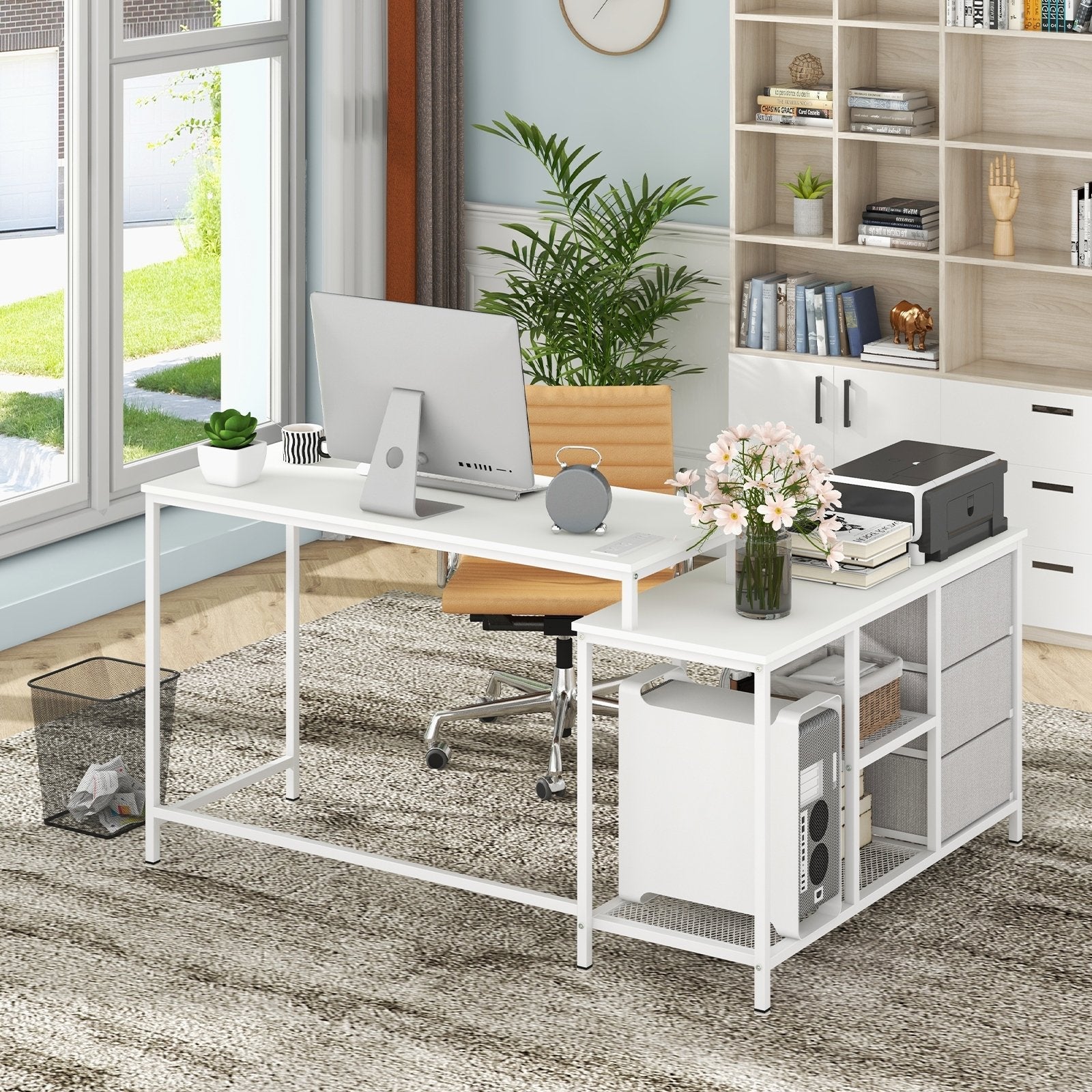 L-shaped Computer Desk with Power Outlet for Working Studying Gaming-Black