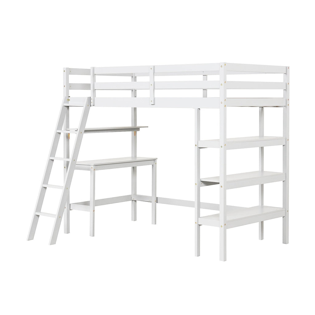 Twin Size Loft Bed with Desk and Bookshelves for Kids and Teens-Gray
