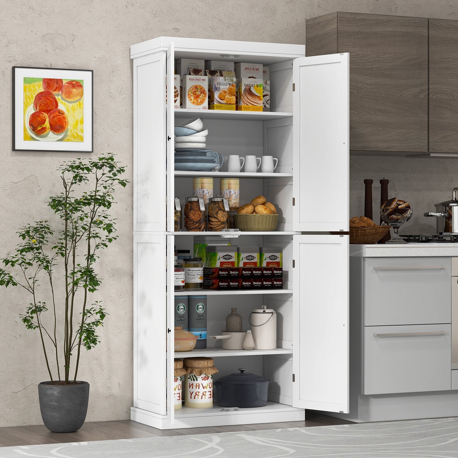 72.5” Tall Buffet Cabinet with 6-Tier Shelves and 4 Doors-Black