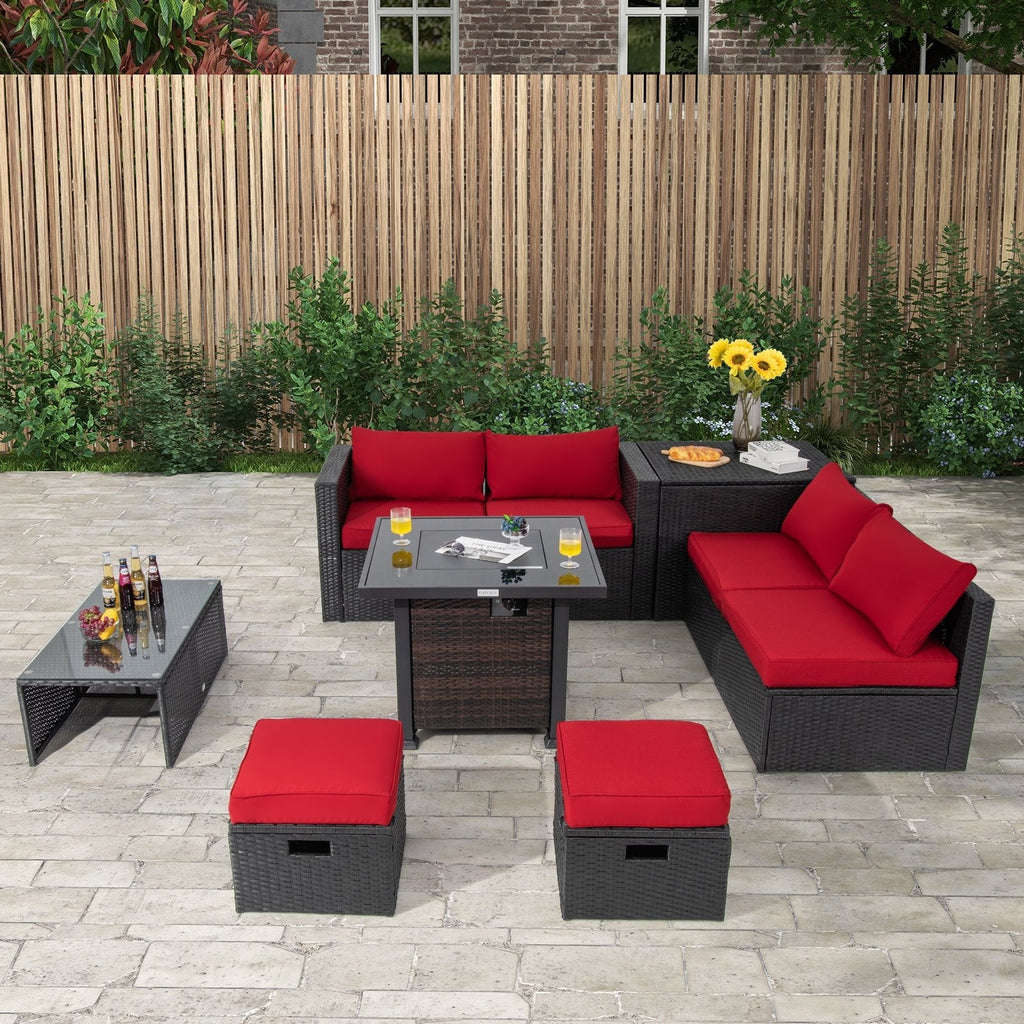 9 Pieces Patio Furniture Set with 32” Fire Pit Table and 50000 BTU Square Propane Fire Pit-Black