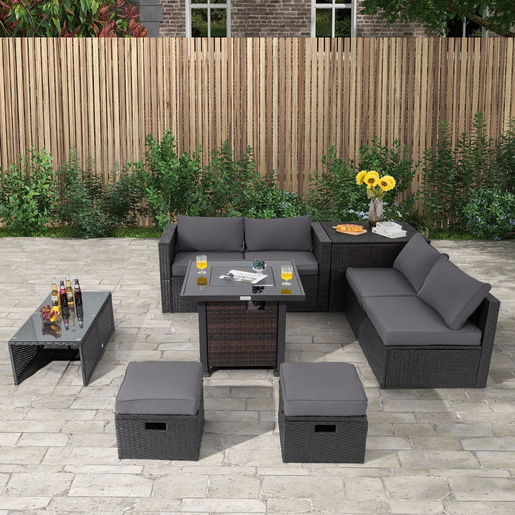 9 Pieces Patio Furniture Set with 32” Fire Pit Table and 50000 BTU Square Propane Fire Pit-Black