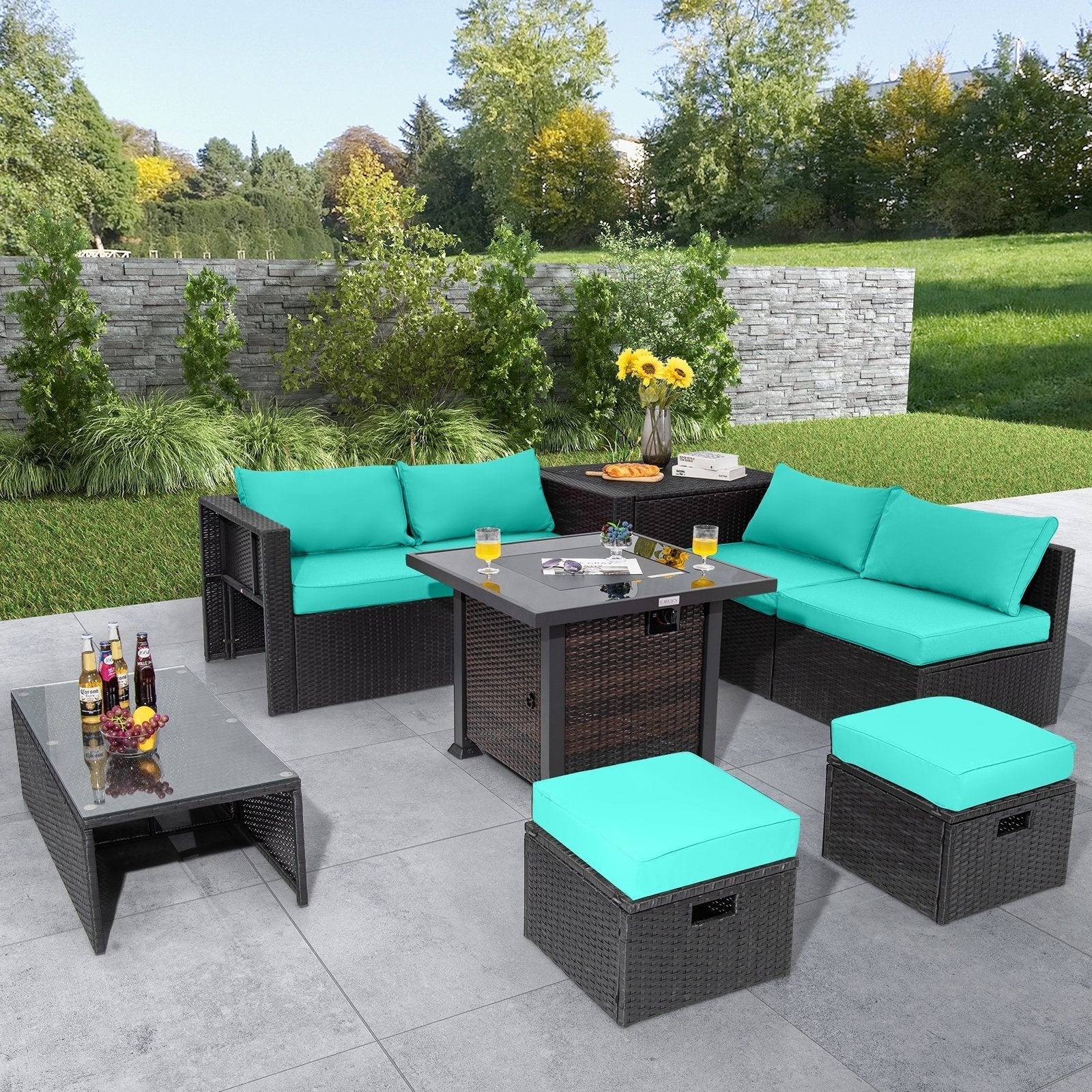 9 Pieces Patio Furniture Set with 32” Fire Pit Table and 50000 BTU Square Propane Fire Pit-Black