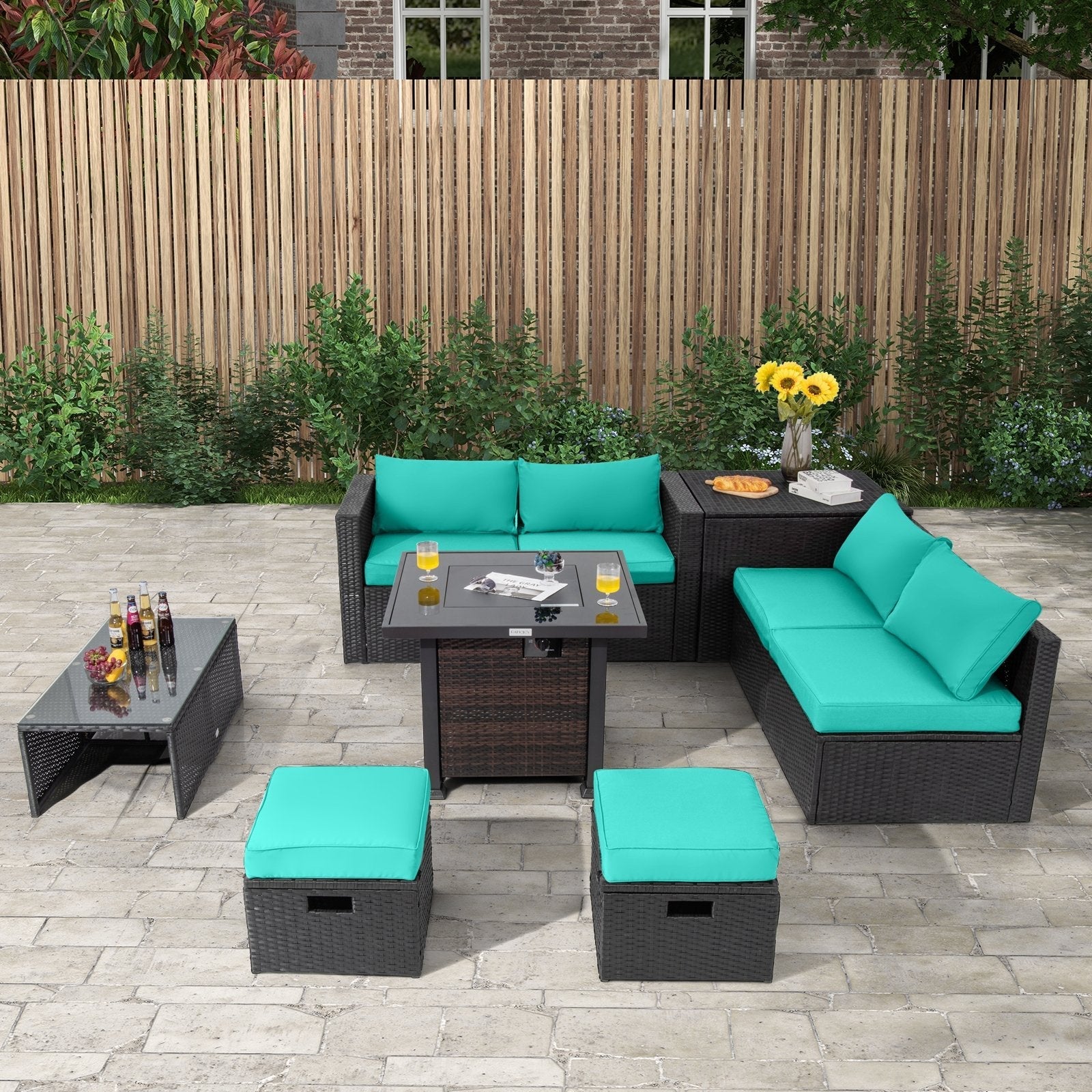 9 Pieces Patio Furniture Set with 32” Fire Pit Table and 50000 BTU Square Propane Fire Pit-Black