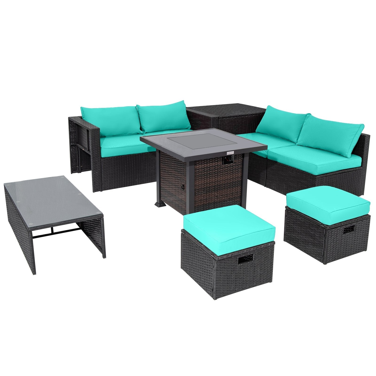 9 Pieces Patio Furniture Set with 32” Fire Pit Table and 50000 BTU Square Propane Fire Pit-Black