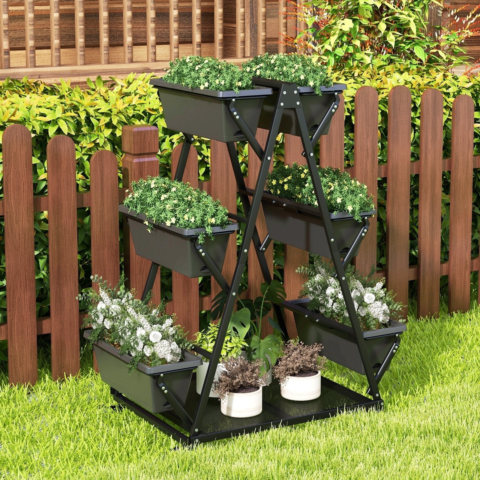 3-Tier Vertical Raised Garden Bed with 4 Wheels and 6 Container Boxes-Black