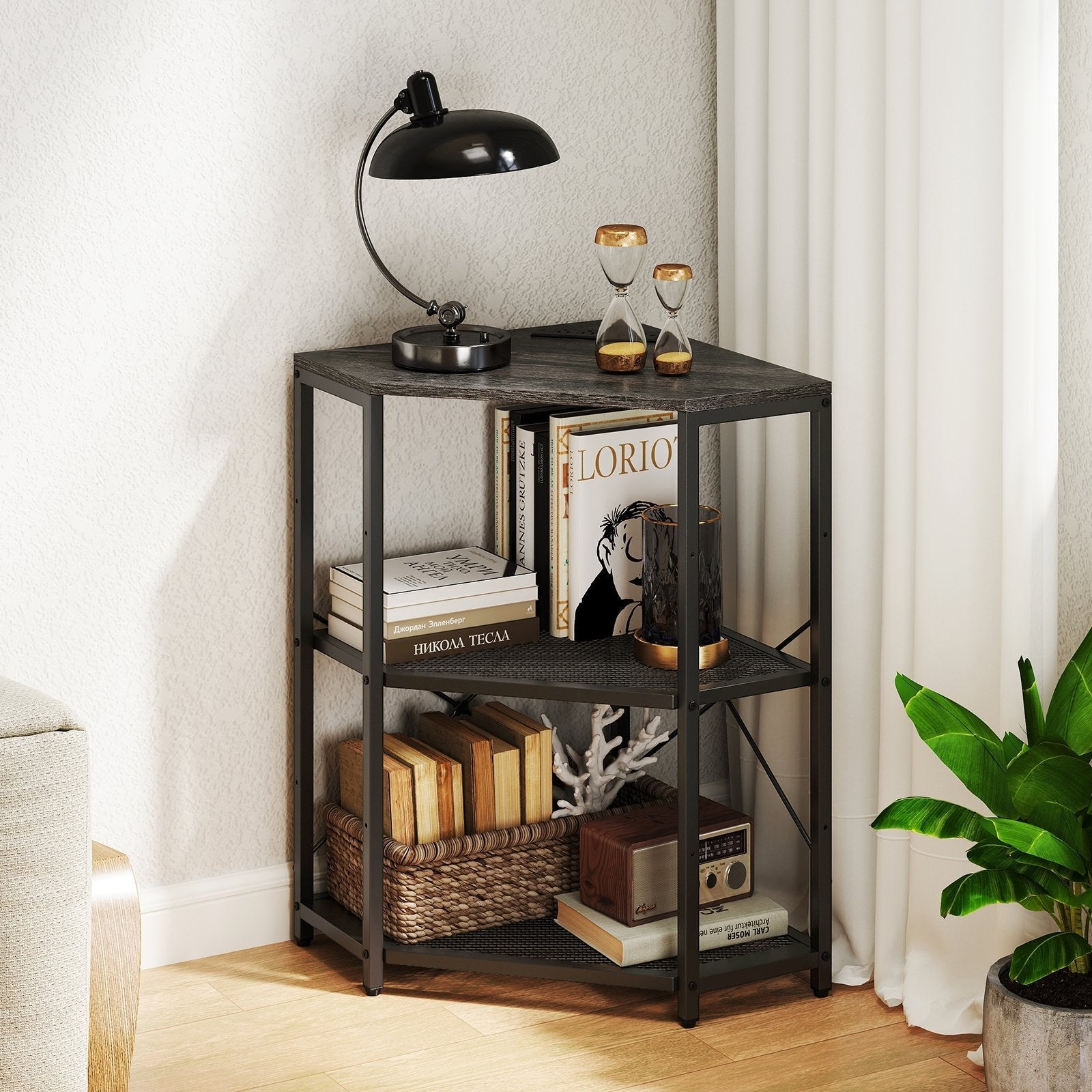 Corner Printer Stand with Power Outlet 3-Tier Storage Rack with Adjustable Shelf-Black