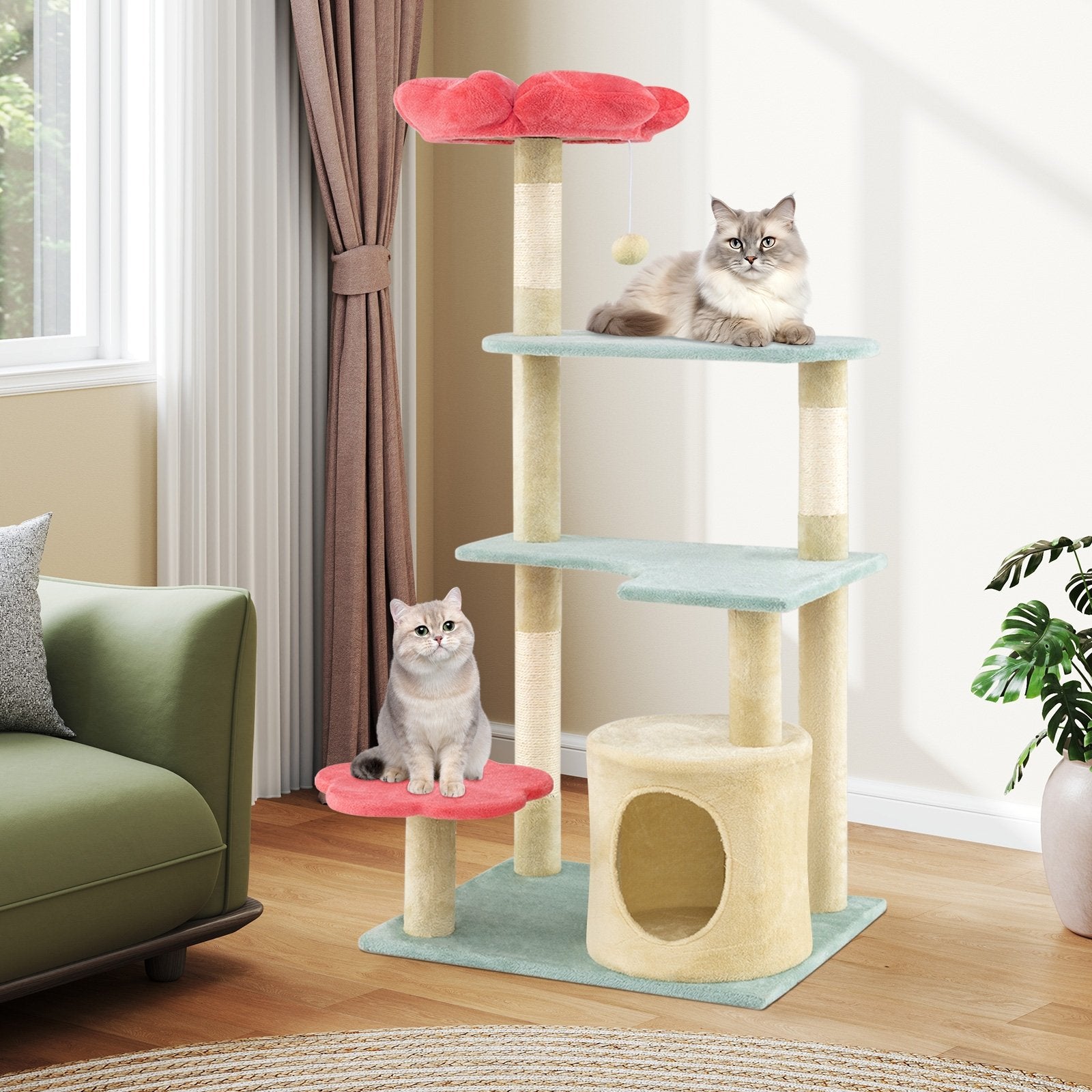 49 Inch Tall Multi-Level Aesthetic Floral Kitten Tower with Flower-Shaped Plush Padded Perch-Multicolor