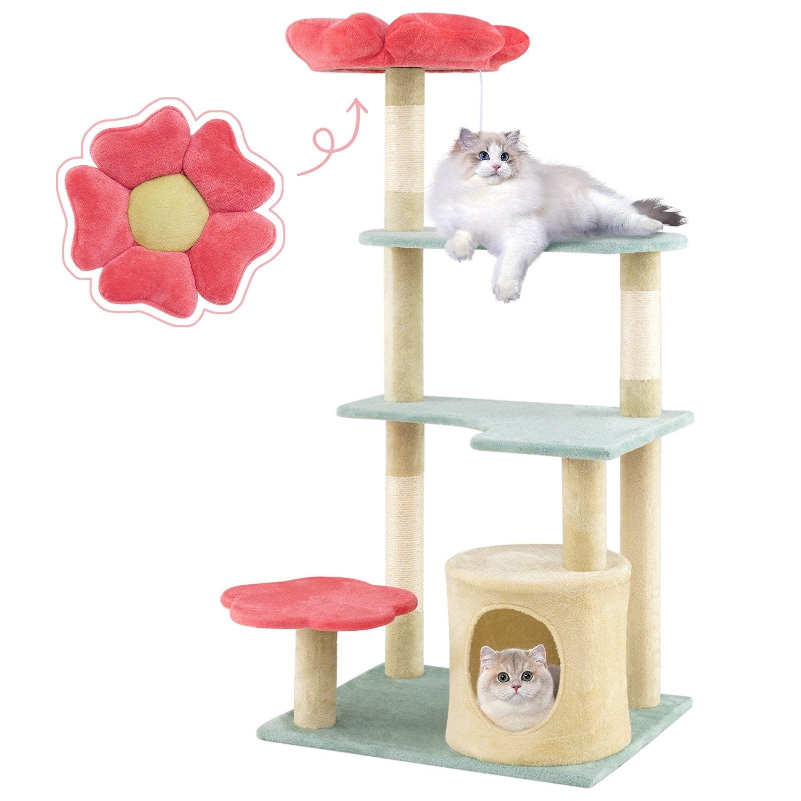 49 Inch Tall Multi-Level Aesthetic Floral Kitten Tower with Flower-Shaped Plush Padded Perch-Multicolor