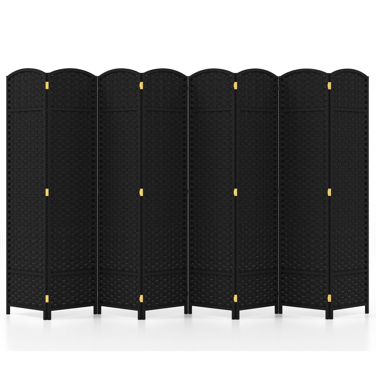 8-Panel Folding Room Divider with Hand-woven Texture and Wood Frame-Black