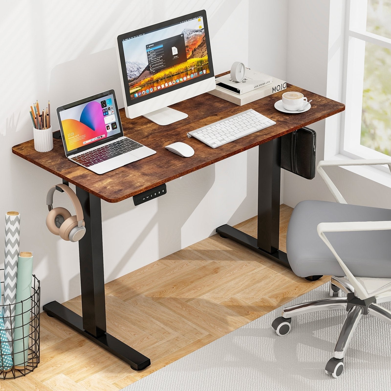 Electric Standing Desk with 3 Memory Height Settings and 2 Hanging Hooks & Cable Management-Natural