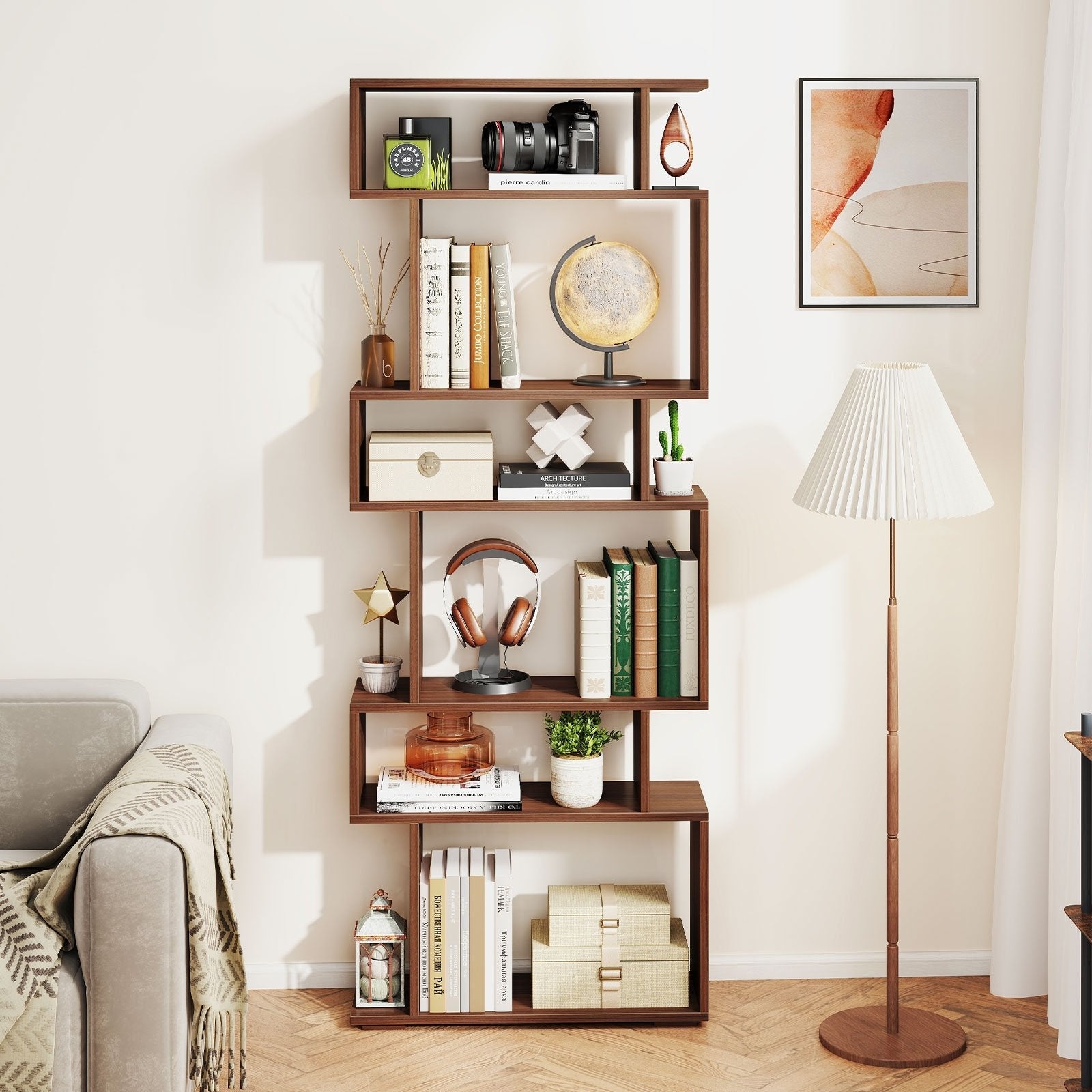 6-Tier Geometric Bookshelf with 2 Anti-Tipping Kits for Home Office-Black