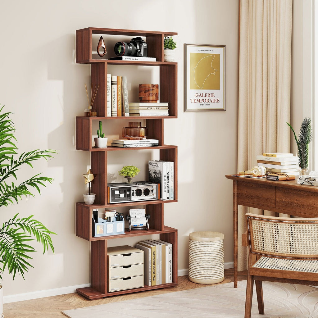 6-Tier Geometric Bookshelf with 2 Anti-Tipping Kits for Home Office-Black