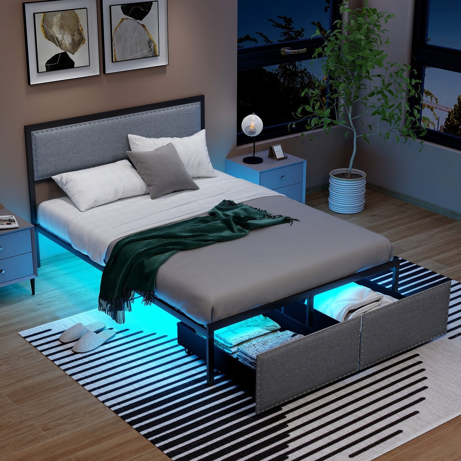 Full/Queen/Twin Size Bed Frame with LED Lights Drawer and Metal Slats-Queen Size