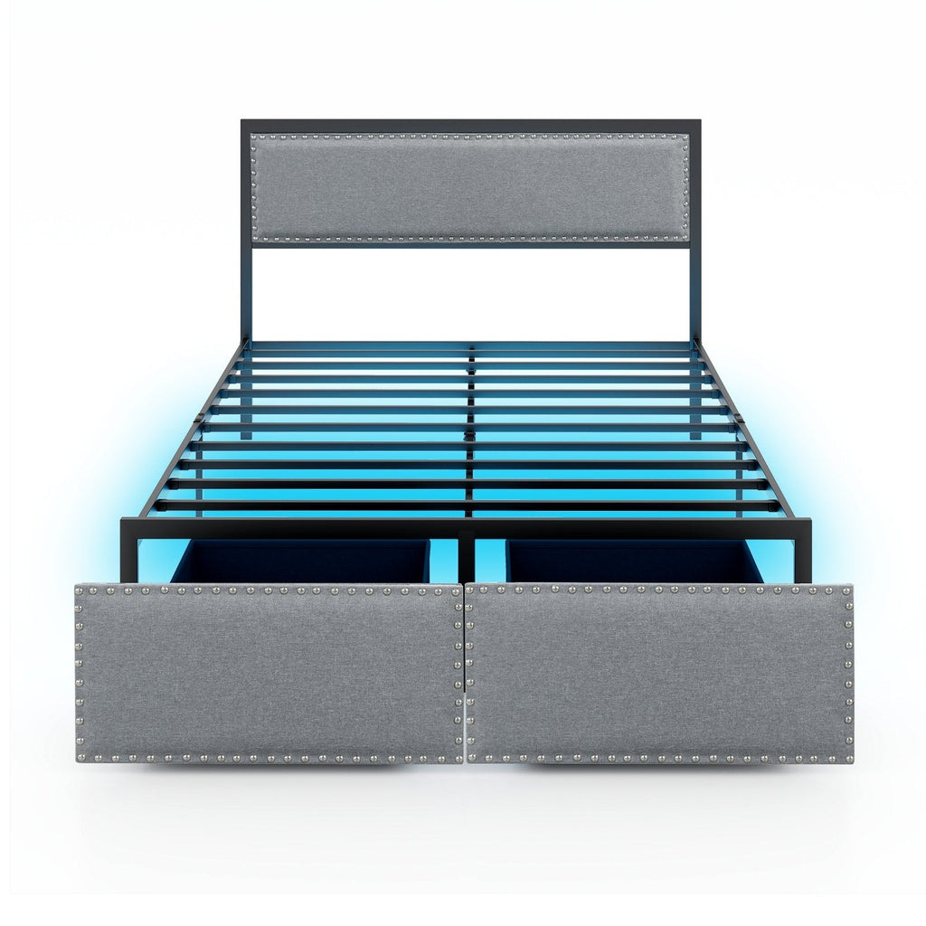 Full/Queen/Twin Size Bed Frame with LED Lights Drawer and Metal Slats-Queen Size