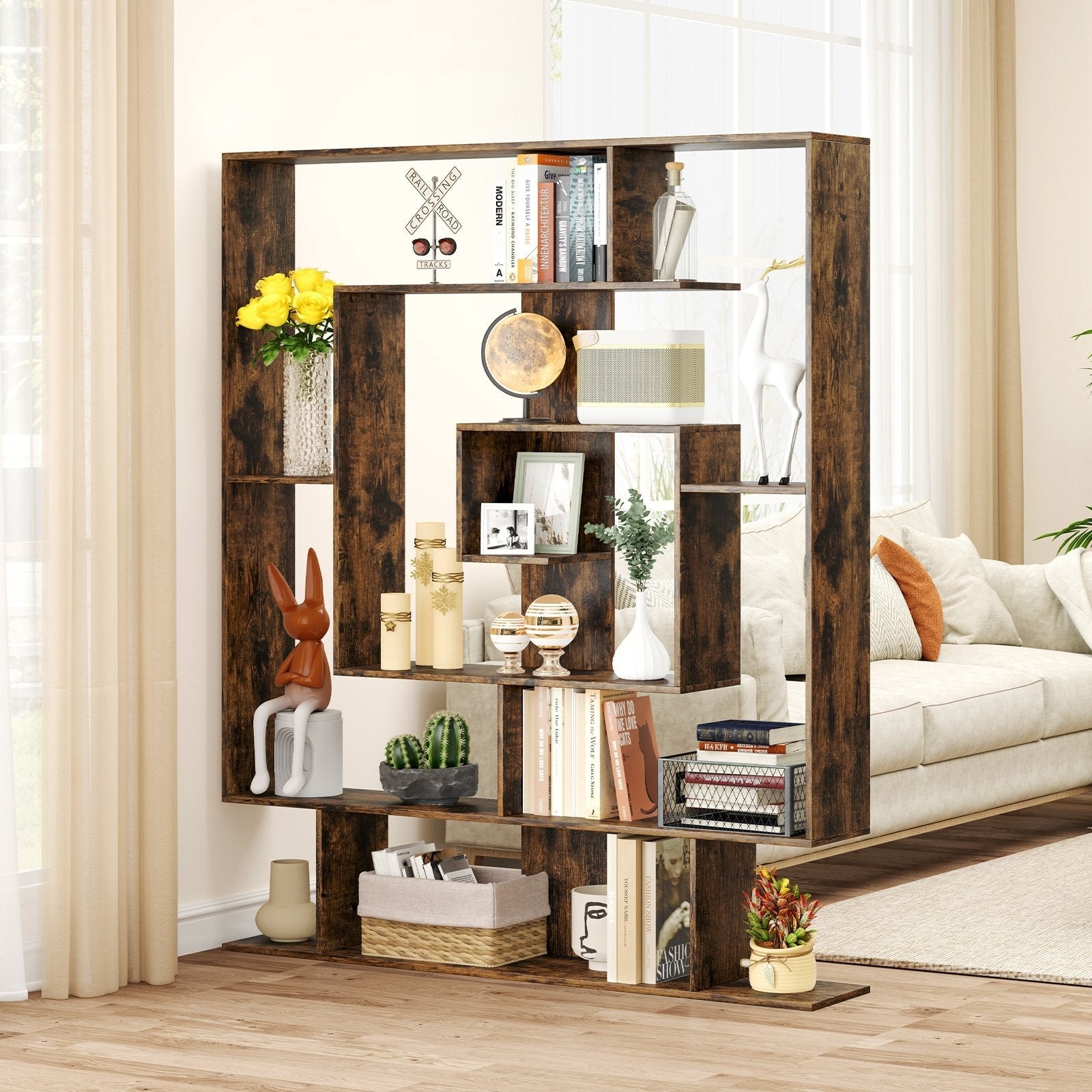 7-Tier Bookshelf  Open Display Shelf Rack for Home Office-Rustic Brown