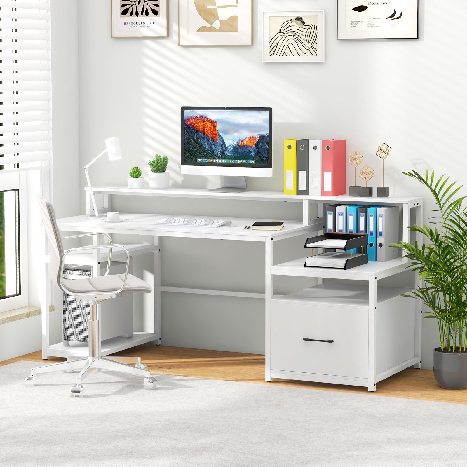 67 Inch Computer Desk with Monitor Stand & File Drawer-Rustic Brown