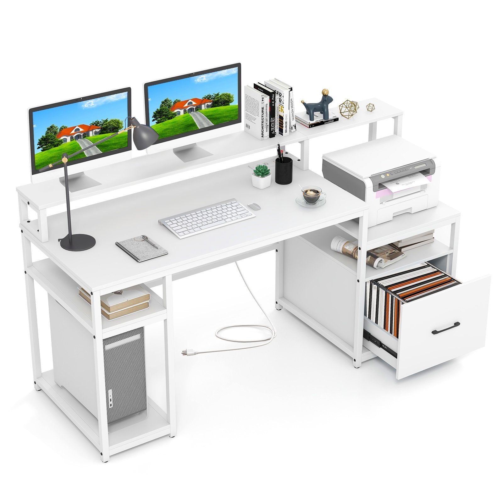 67 Inch Computer Desk with Monitor Stand & File Drawer-Rustic Brown