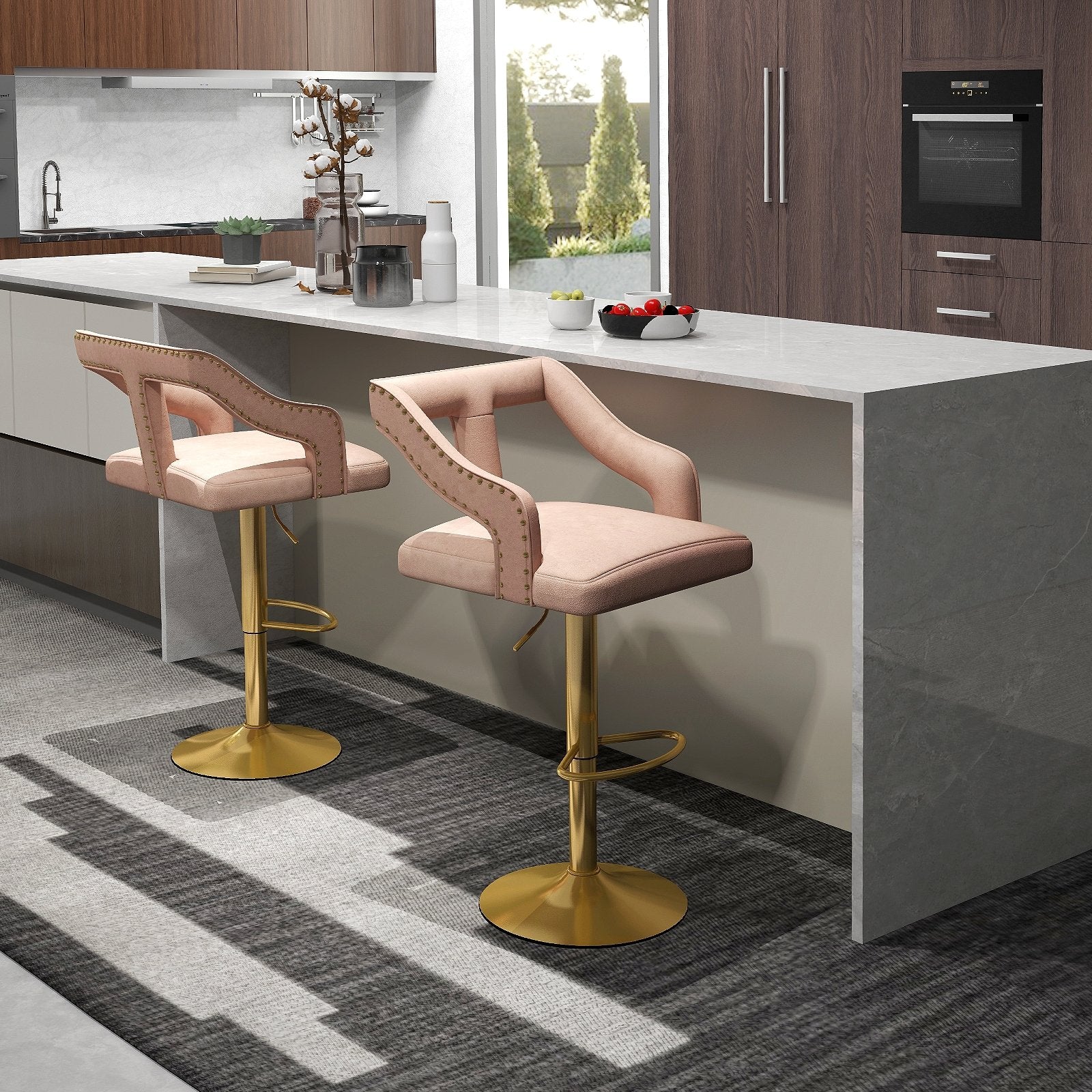 Set of 2 Bar Chairs with Footrest and 2-Layer Electroplated Metal Base-Gray
