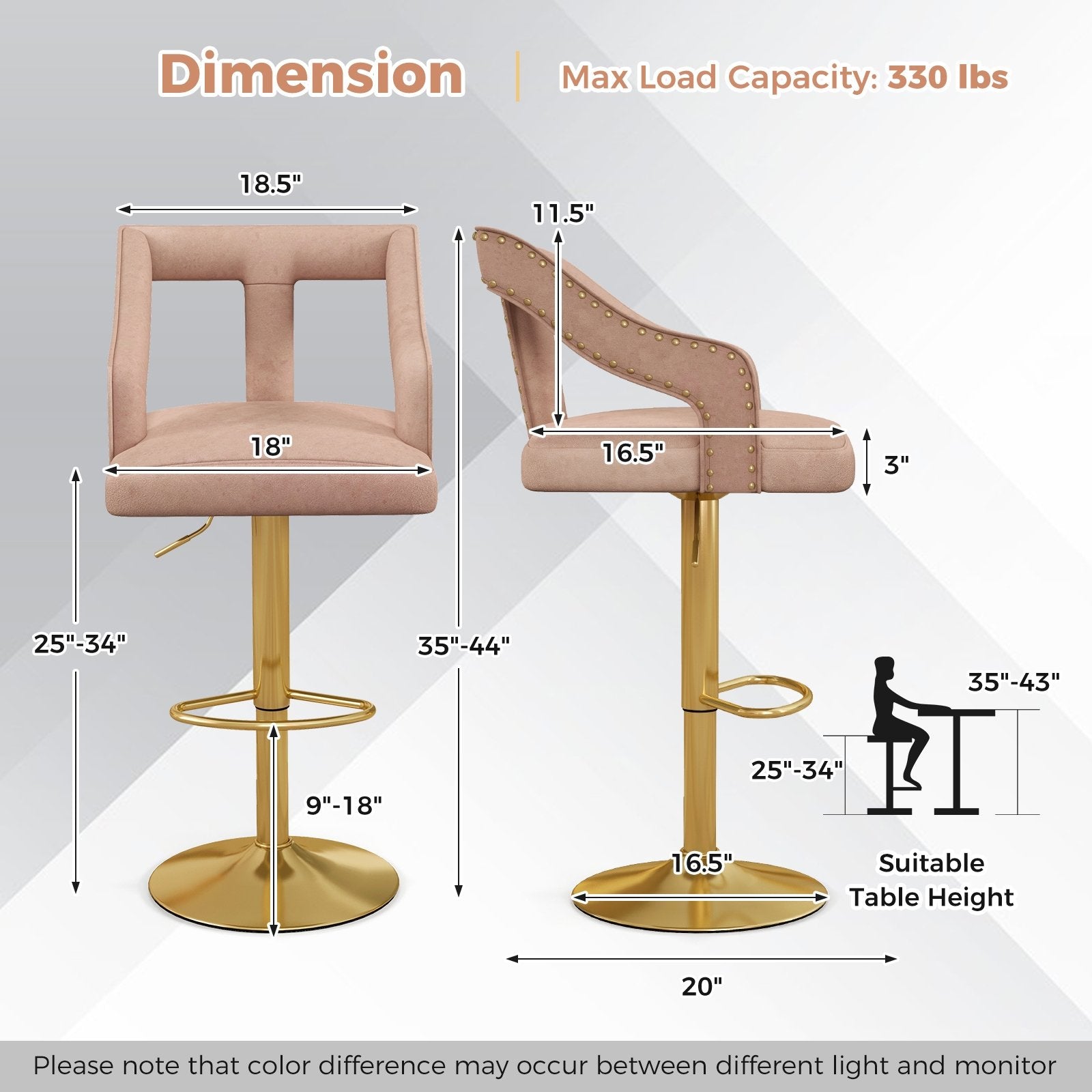 Set of 2 Bar Chairs with Footrest and 2-Layer Electroplated Metal Base-Gray