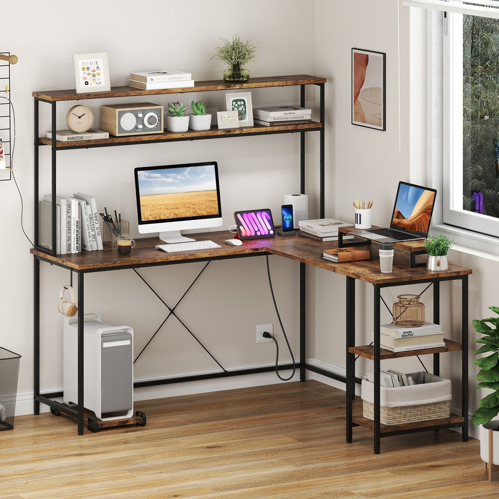 L-Shaped Reversible Gaming Desk with LED Strip and Power Outlets Hutch Monitor Stand-Black