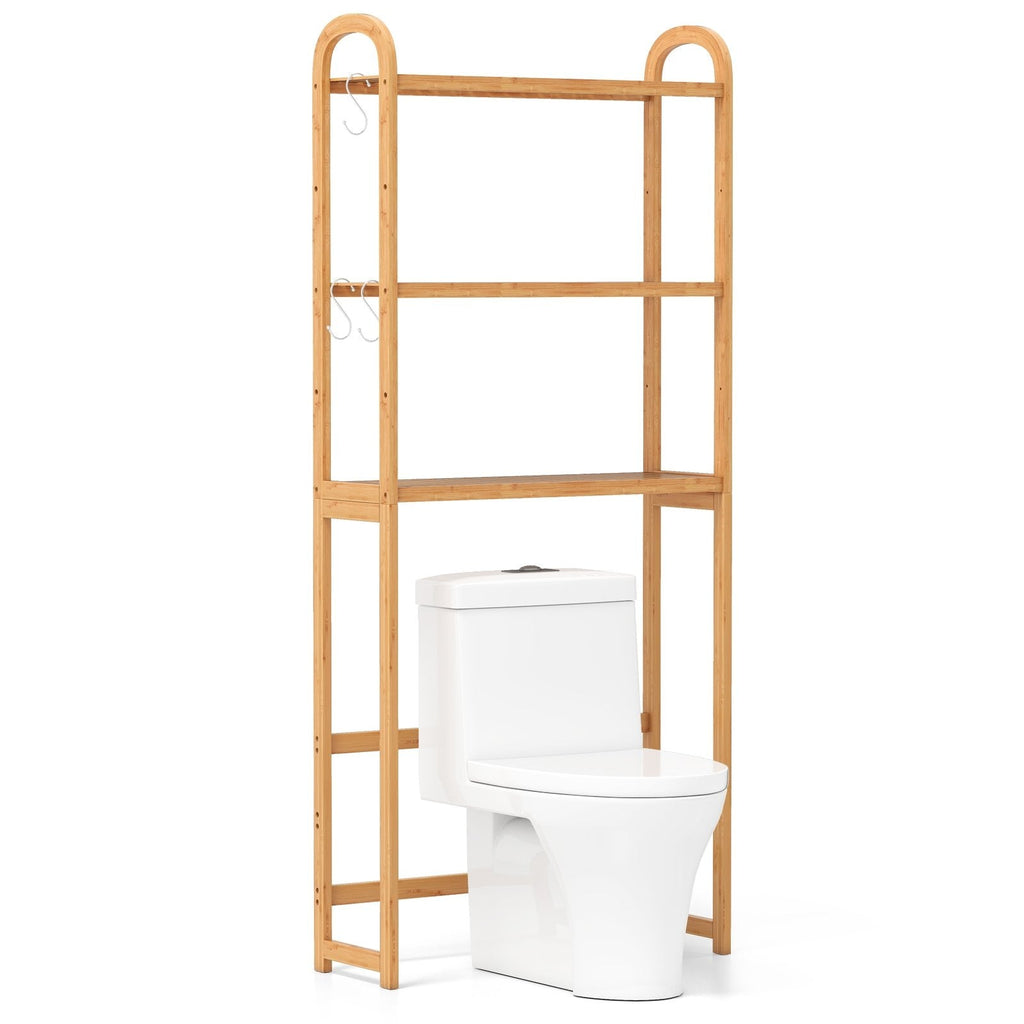 3-Tier Bamboo Bathroom Floor Organizer with 5-Position Shelves and 3 Hooks-Natural