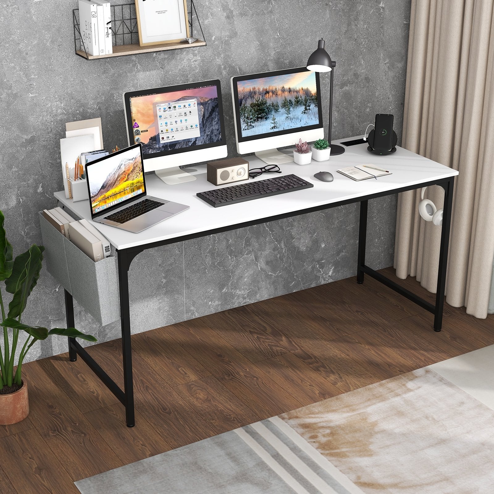 60 Inch Computer Desk with Charging Station Storage Bag-Rustic Brown