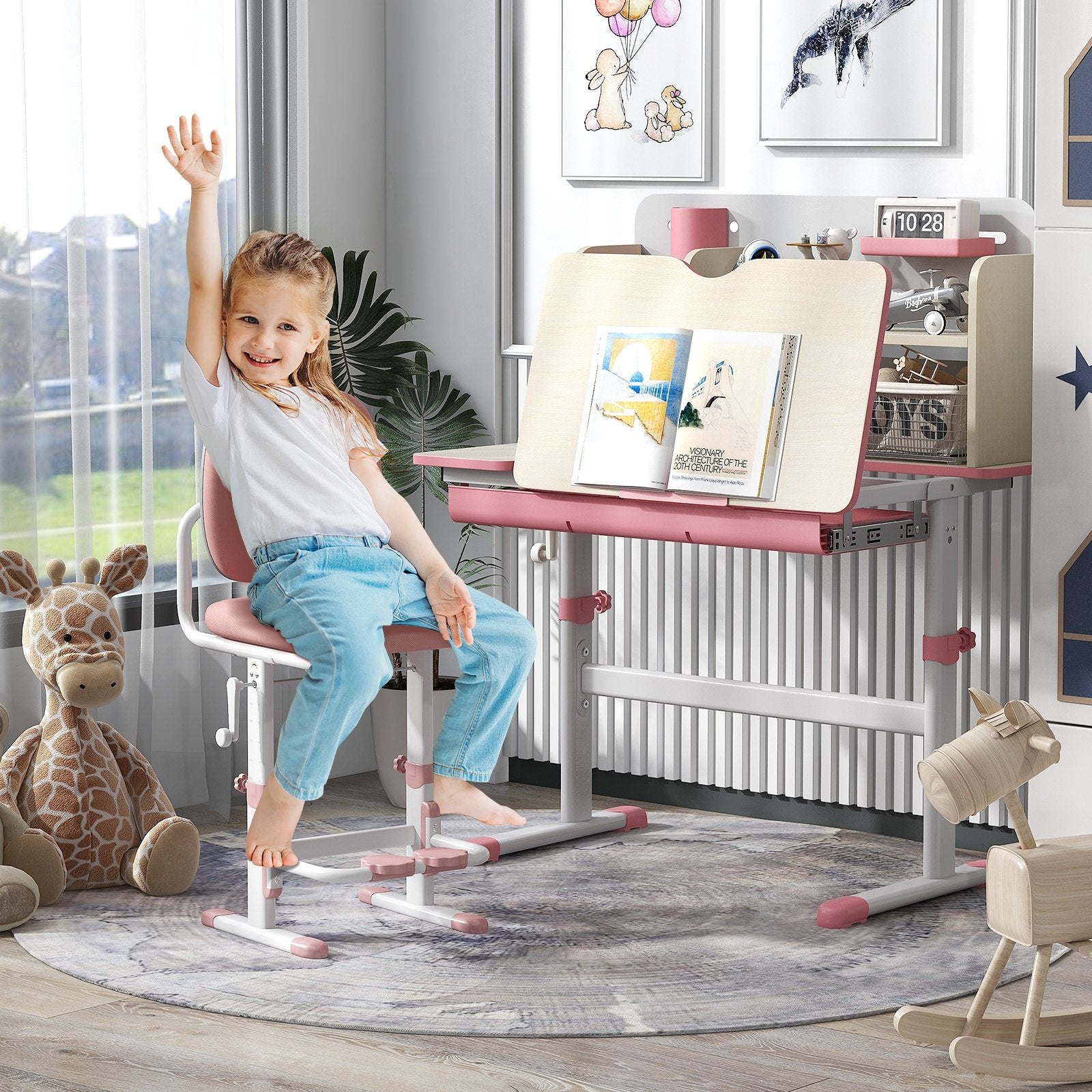 Height Adjustable Kids Study Desk with Tilt Desktop for 3-12 Years Old-Blue