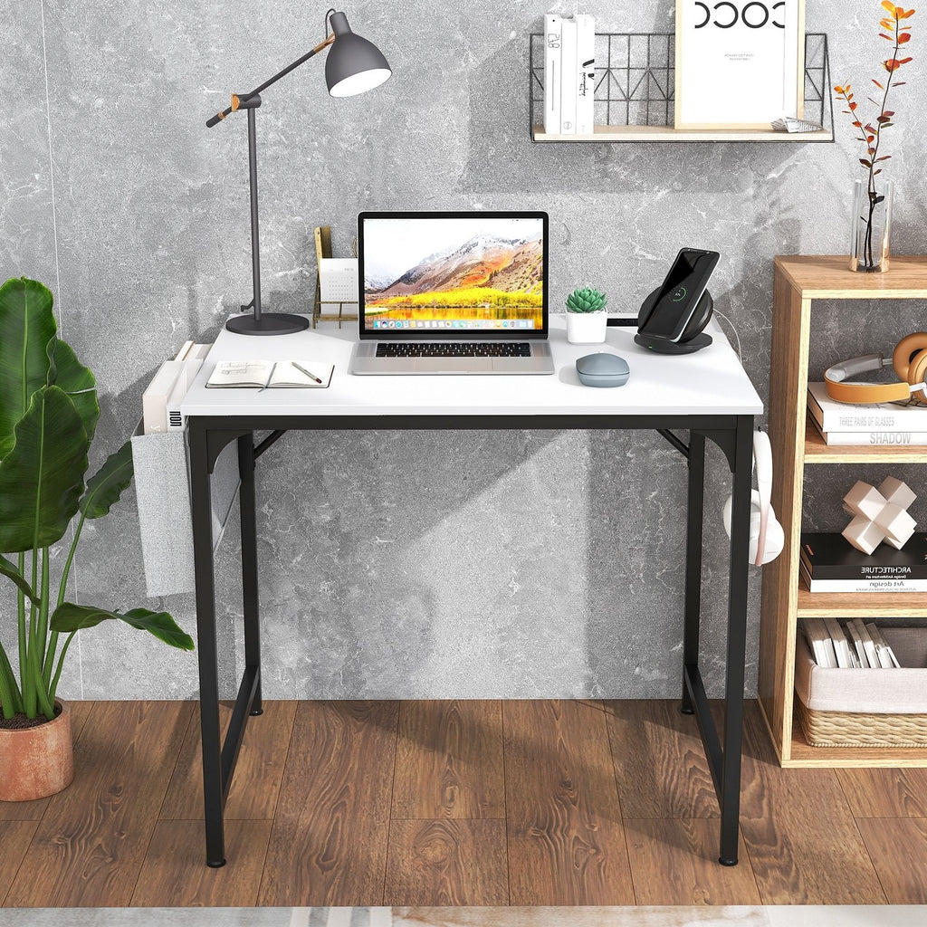32 Inch Home Office Desk with Charging Station Storage Bag and Headphone Hook-Rustic Brown