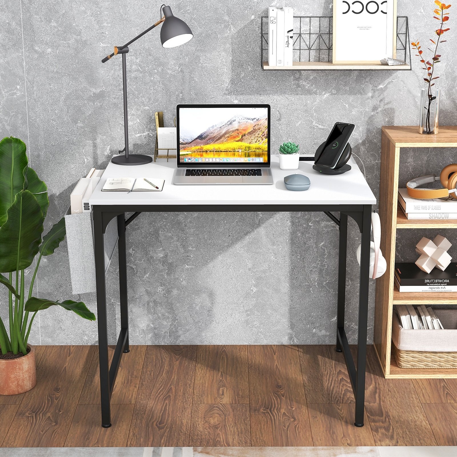 32 Inch Home Office Desk with Charging Station Storage Bag and Headphone Hook-Rustic Brown
