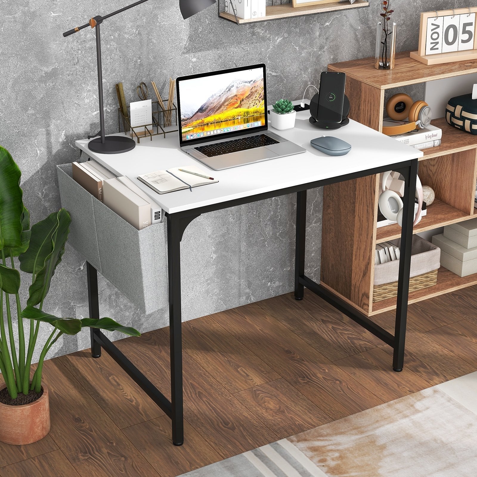 32 Inch Home Office Desk with Charging Station Storage Bag and Headphone Hook-Rustic Brown
