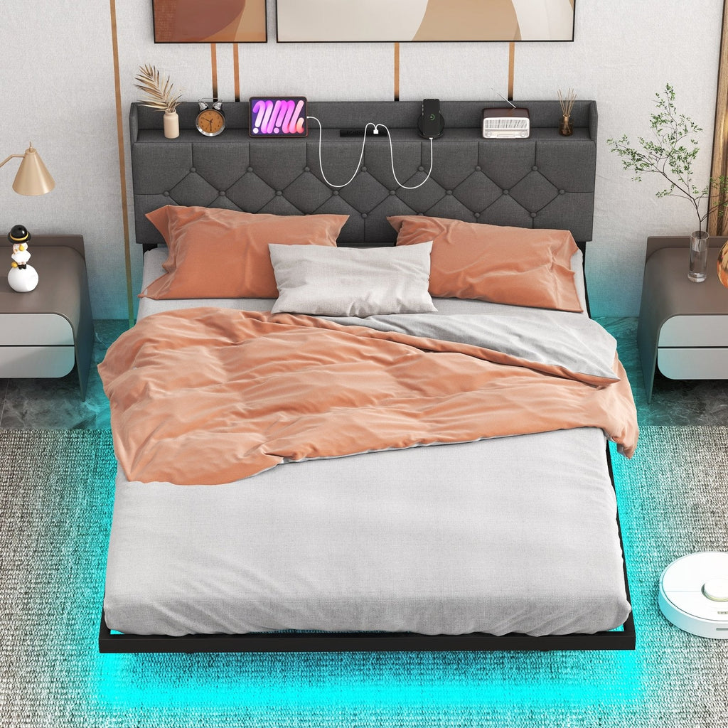 Full/Queen Size Floating Bed Frame with LED and Headboard and Charging Station-Full Size