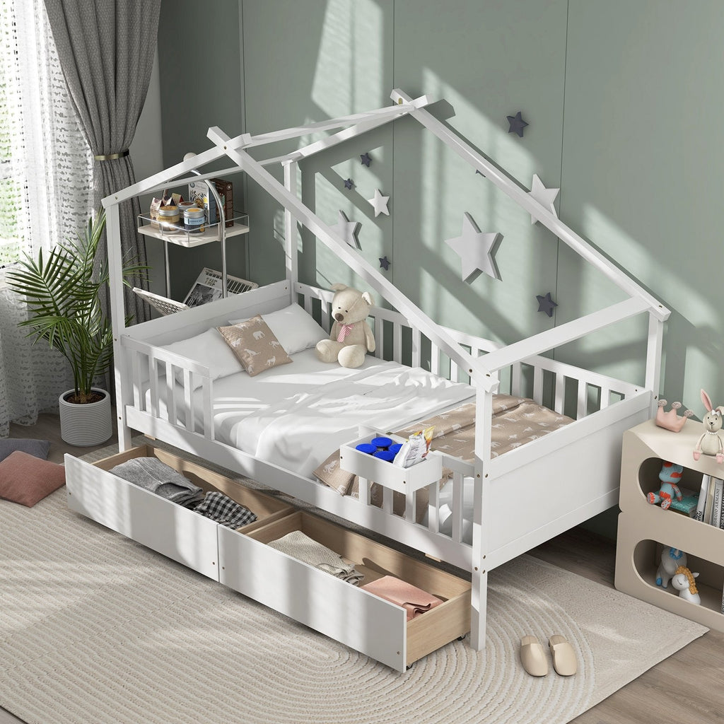 Twin House Bed with 2 Storage Drawers and Roof & Fence Rails-Natural