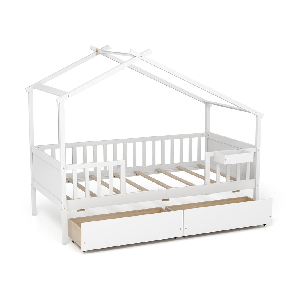 Twin House Bed with 2 Storage Drawers and Roof & Fence Rails-Natural