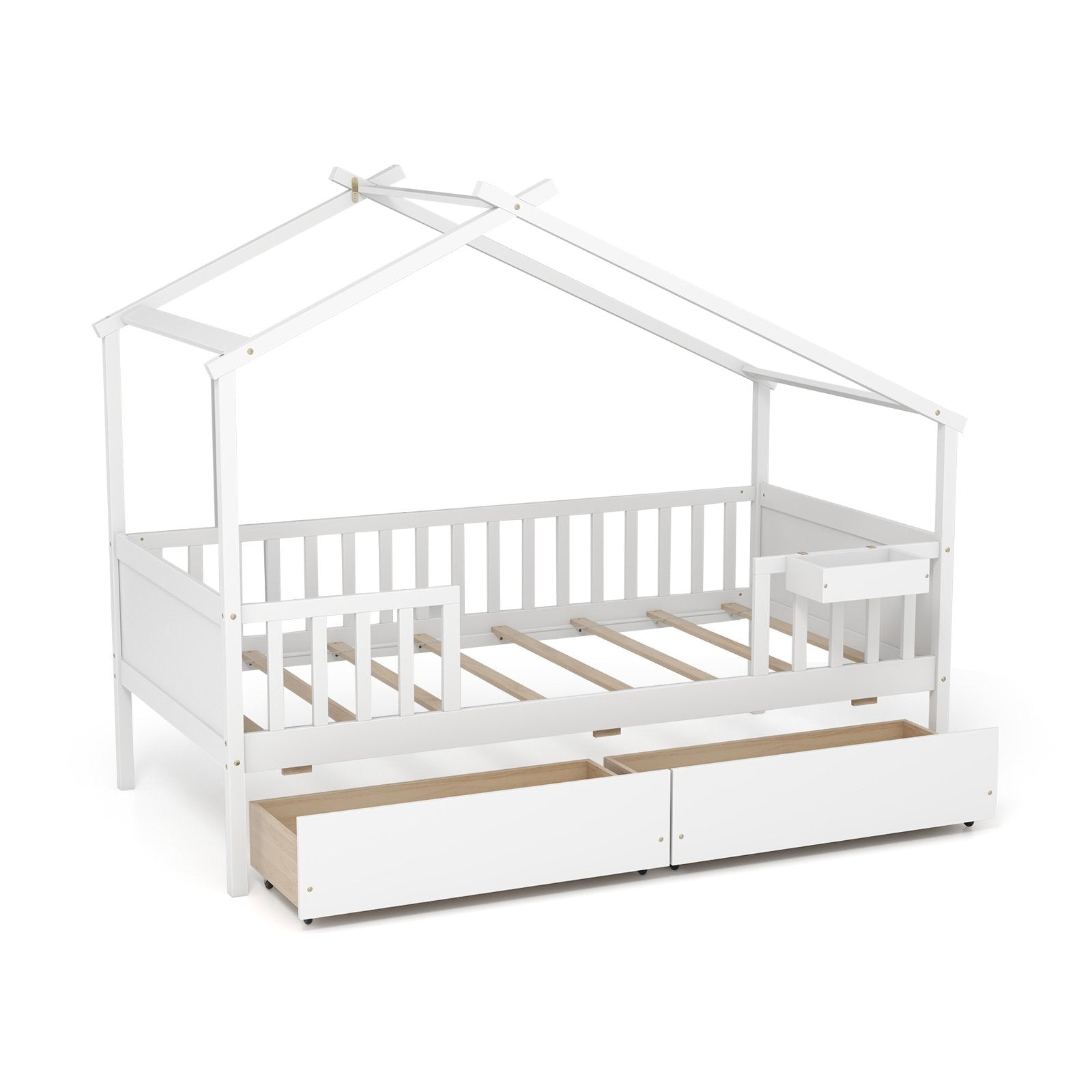 Twin House Bed with 2 Storage Drawers and Roof & Fence Rails-Natural