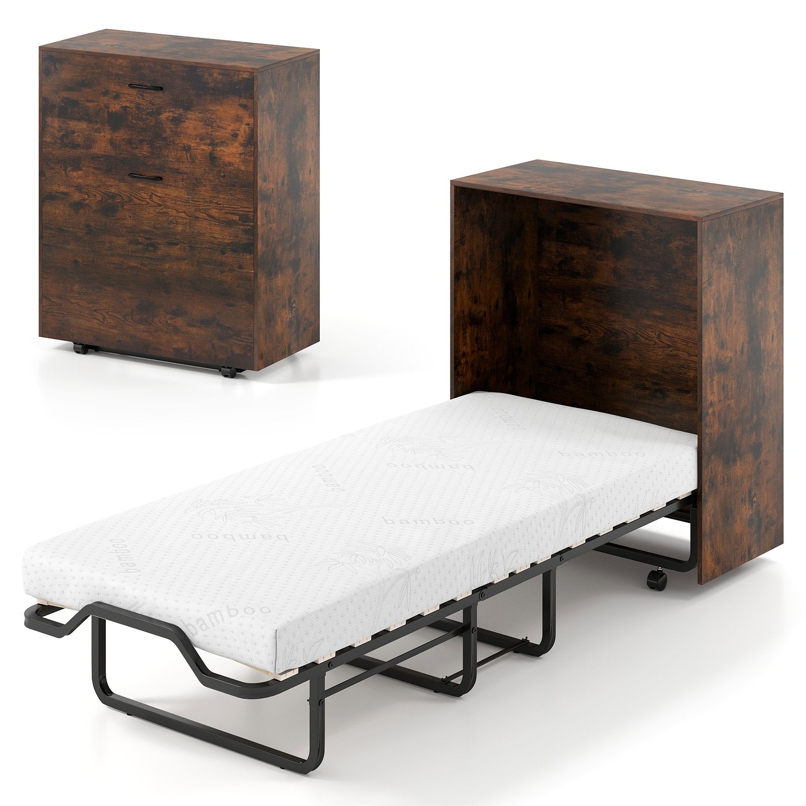 Cot Size Murphy Bed with Foldable Bed and Lockable Wheels-Rustic Brown