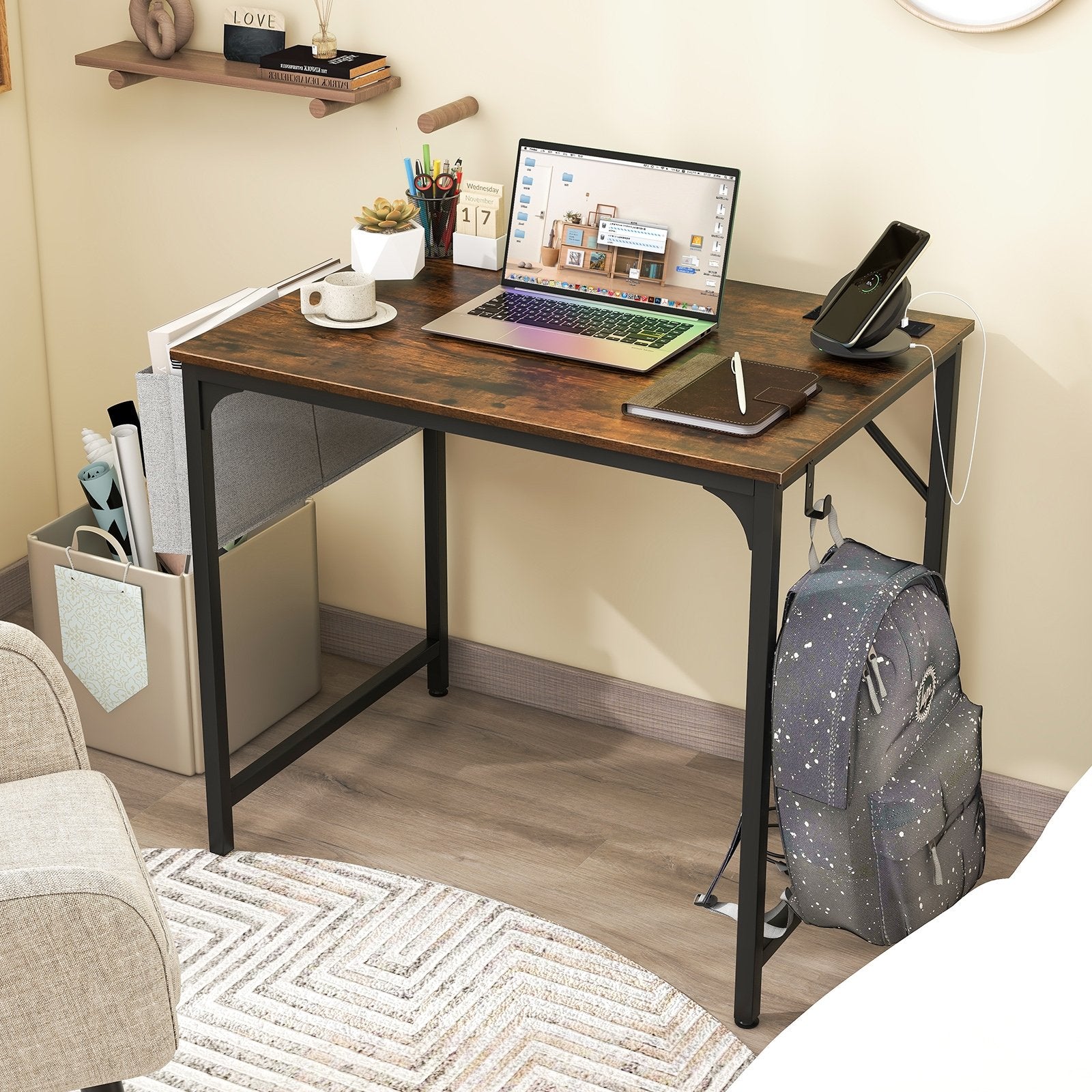 32 Inch Home Office Desk with Charging Station Storage Bag and Headphone Hook-Rustic Brown