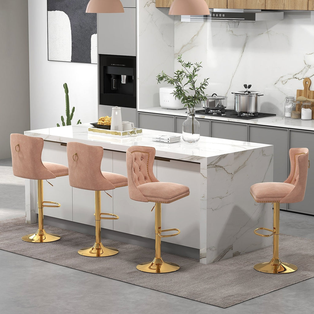 Set of 2 Bar Chairs with Footrest  Electroplated Metal Base and Anti-Slip Ring-Beige