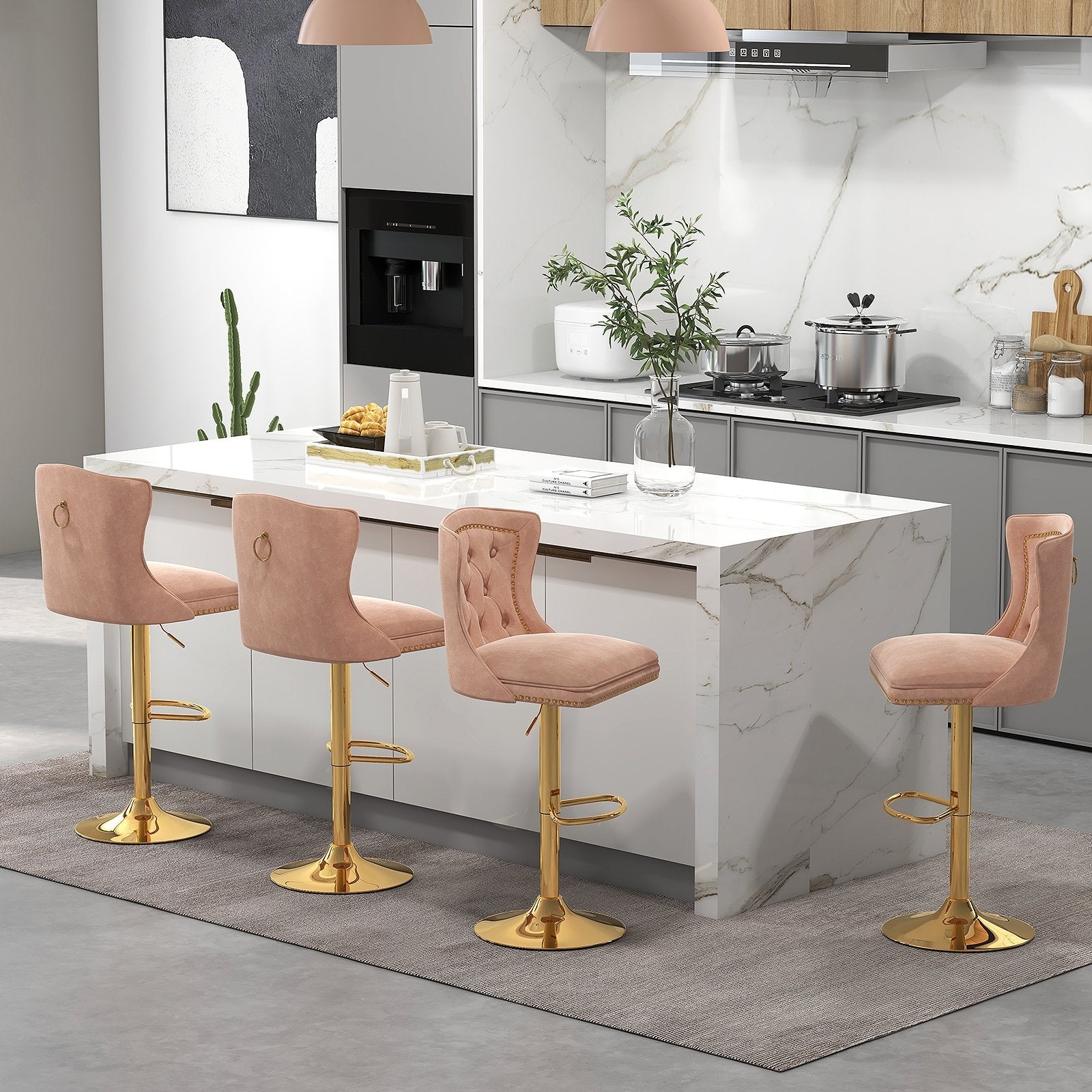 Set of 2 Bar Chairs with Footrest  Electroplated Metal Base and Anti-Slip Ring-Beige