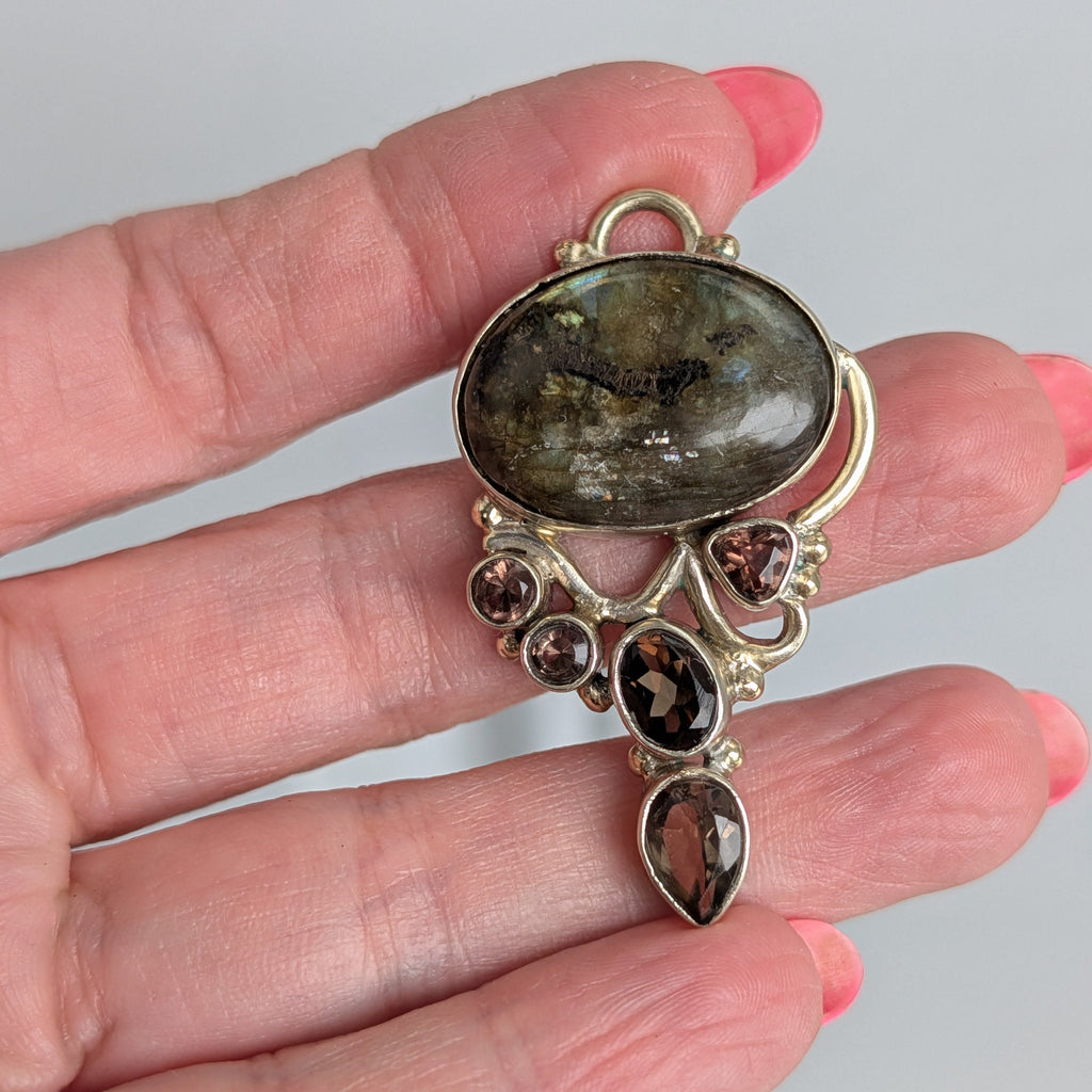 Labradorite & Smoky Quartz Pendant — One-of-a-Kind Sterling Silver Statement
